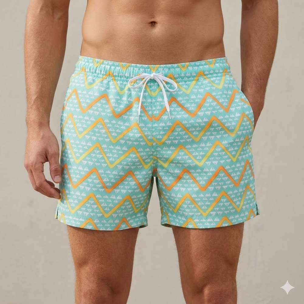 Chubbies Mens Swim Trunks Large Teal Orange Chevron Geometric Mesh Lined USA